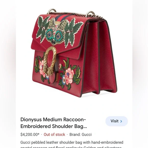 Gucci Dionysus Medium Raccoon-Embroidered Shoulder Bag, Red/Multicolor - Picture 4 of 4